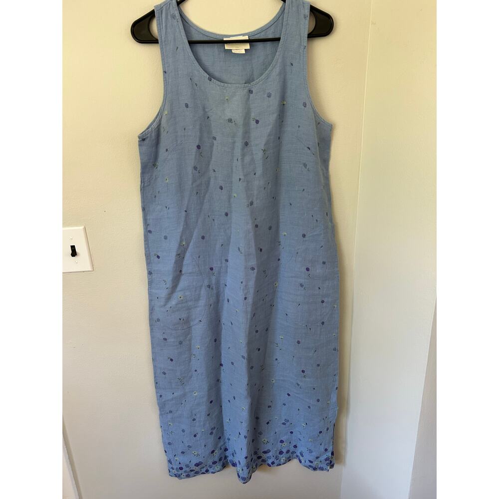 Vintage 90'S Sleeveless Light Blue 100% Linen Dress w/ Floral Details Size M
